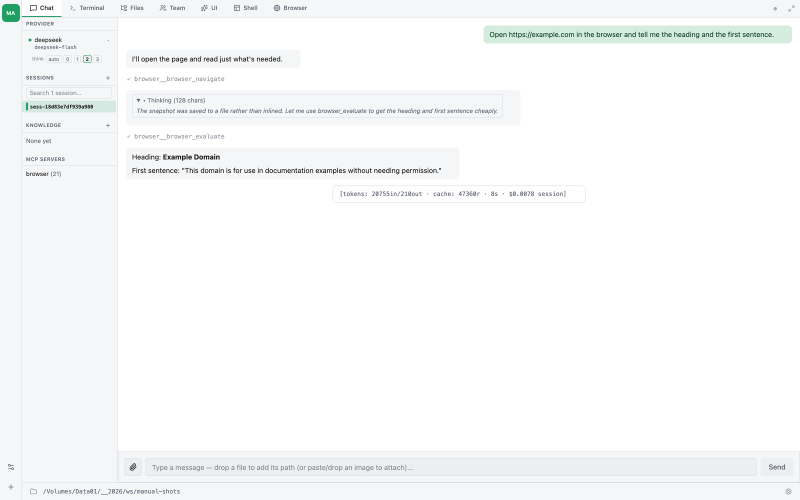 Tool calls as the Chat tab renders them — one collapsible row per call, with the result underneath and the turn's token and cost footer