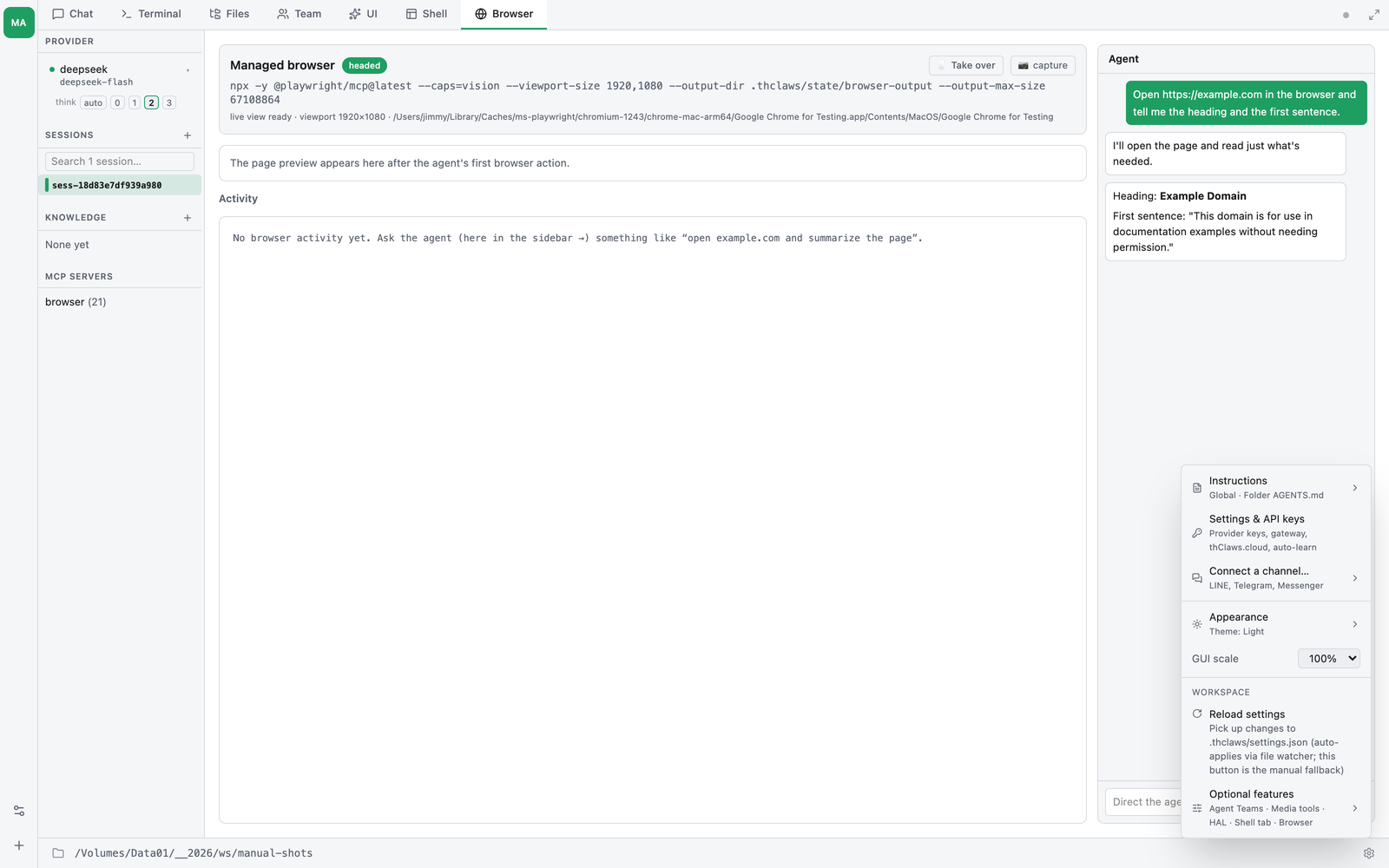 เมนู Settings — Instructions, Settings & API keys, Connect a channel, Appearance, GUI scale และหมวด Workspace