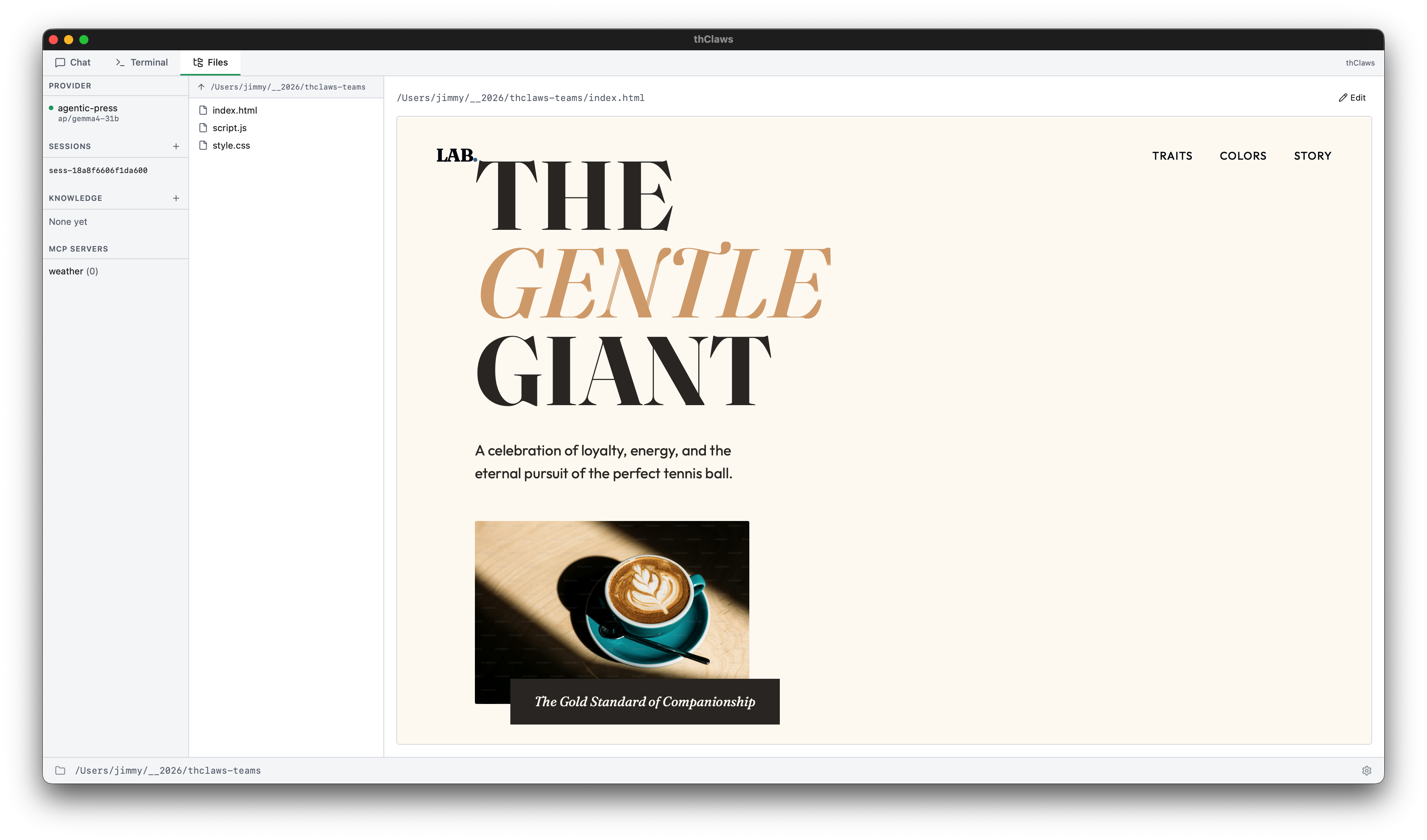 Files-tab HTML preview — index.html rendered inside the sandboxed iframe, complete with stylesheet, image, and clickable button