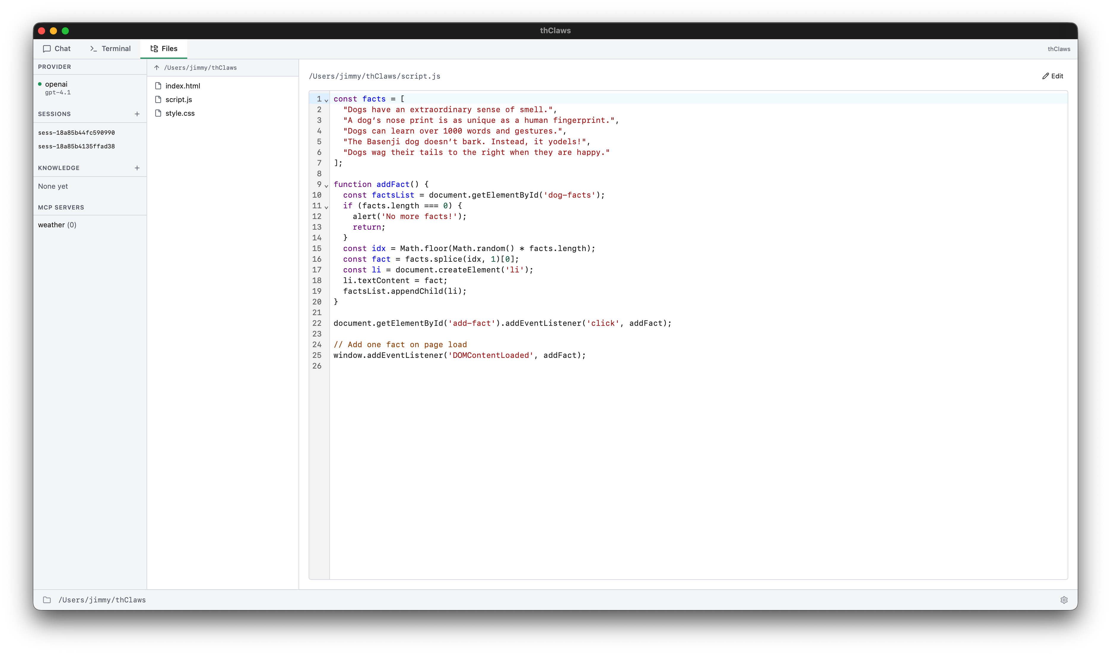 Files-tab preview mode — script.js rendered through CodeMirror with line numbers and syntax highlighting; the Edit button on the top-right switches to edit mode
