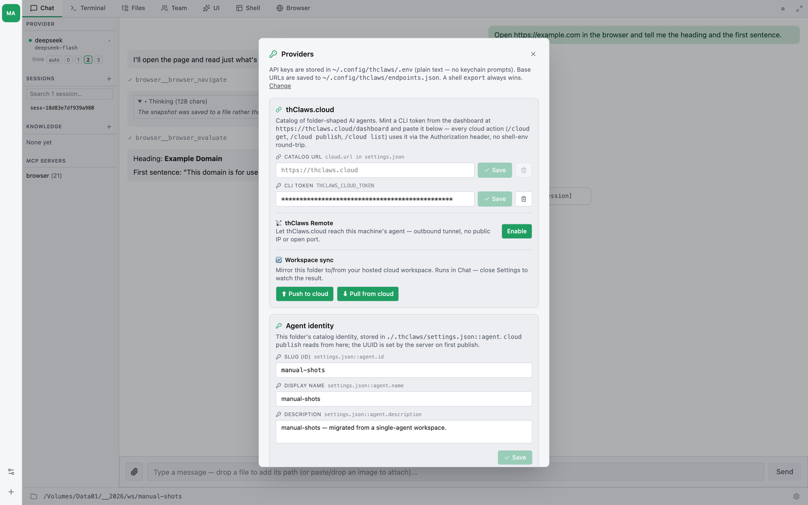 Settings & API keys — one row per provider, with the key state and where it is stored