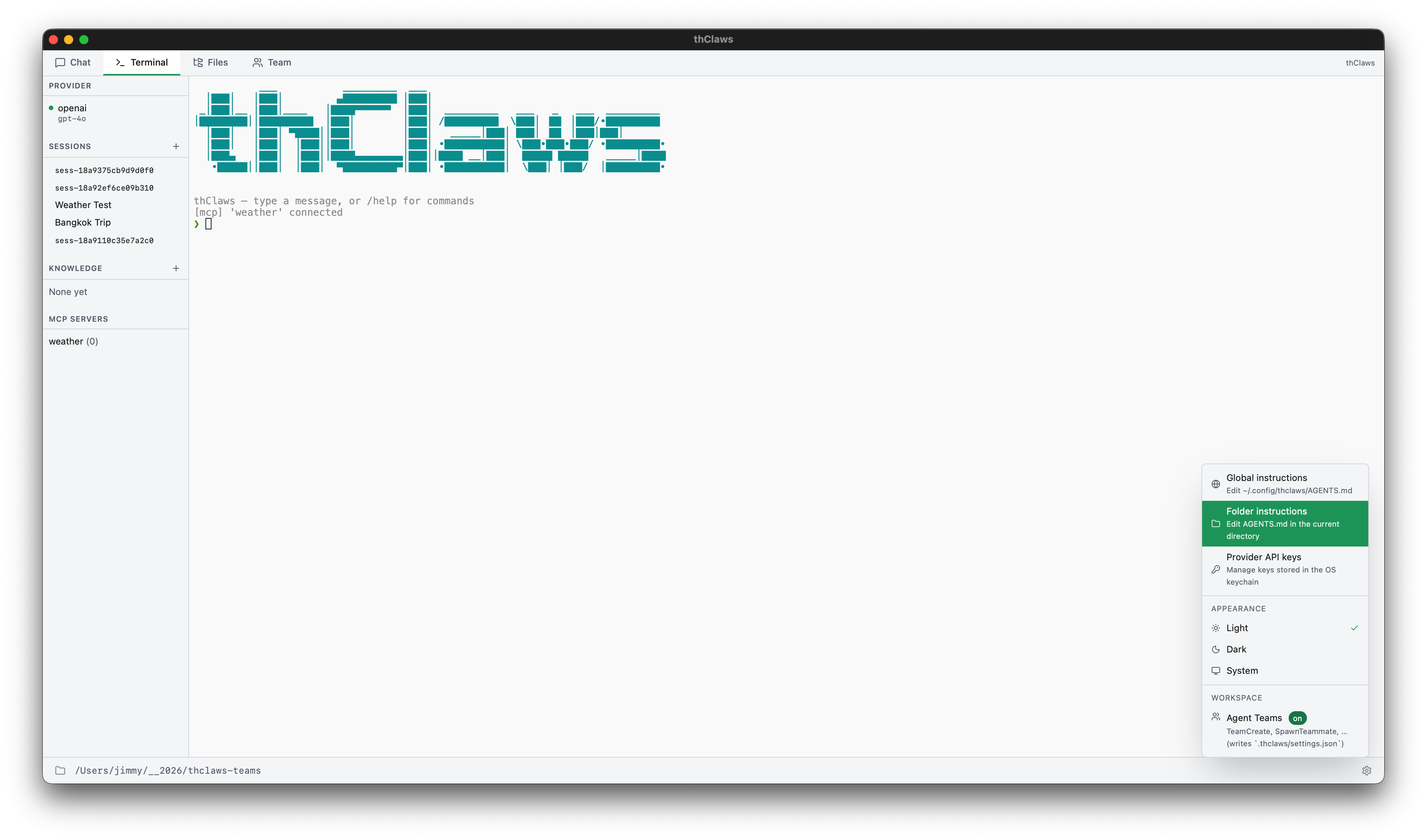 Settings menu — Global instructions / Folder instructions / Provider API keys / Appearance / Workspace